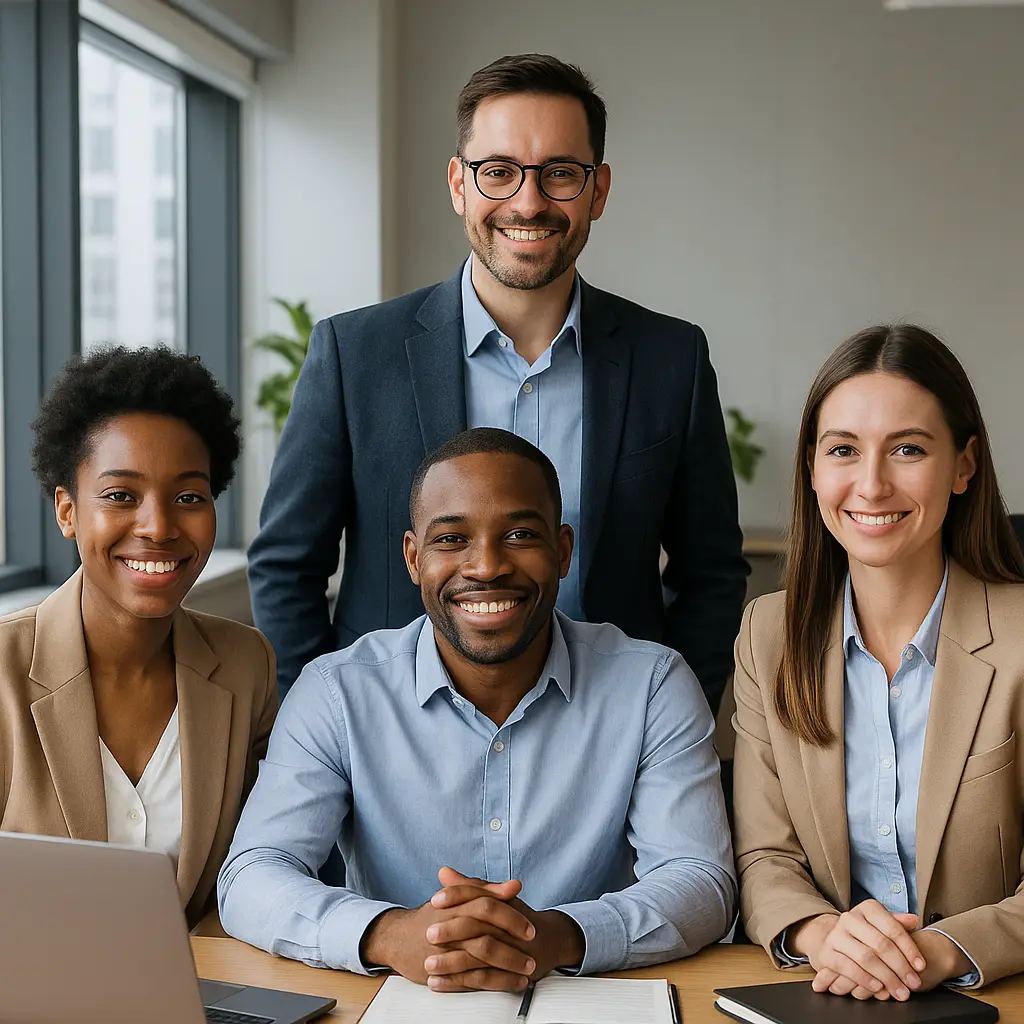 Diverse team of four professionals smiling in a modern, bright office setting