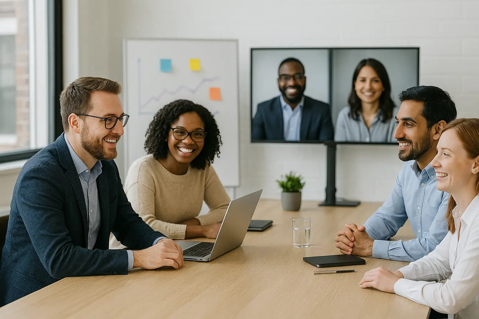 Diverse business team collaborating in a hybrid meeting with remote colleagues on video call