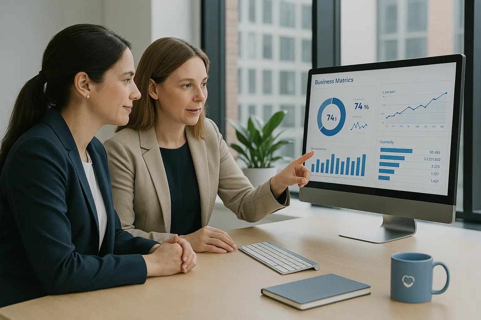 Two businesswomen analyzing business metrics on a computer screen in a modern office