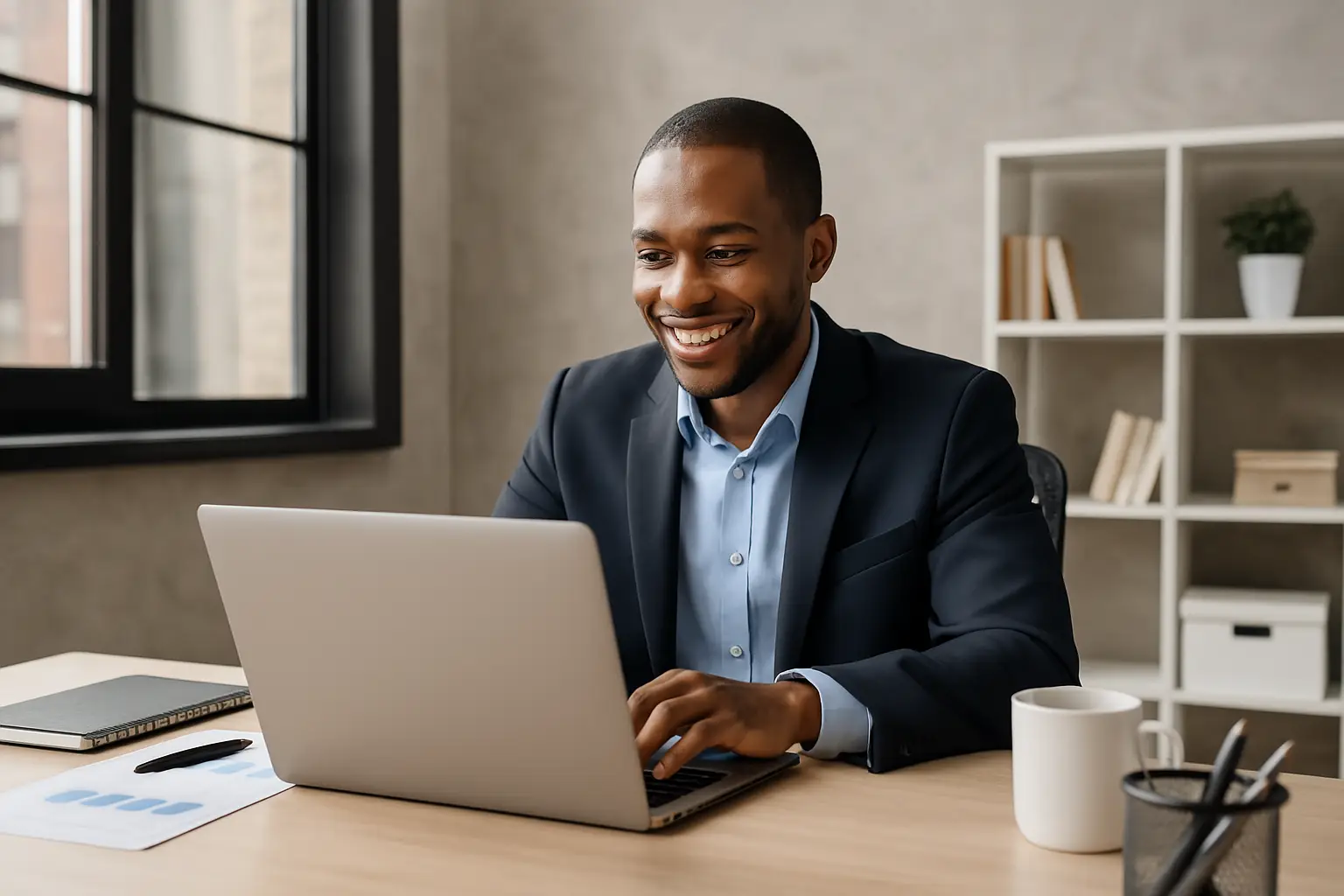 Smiling businessman in a suit working on a laptop at a desk in a modern office