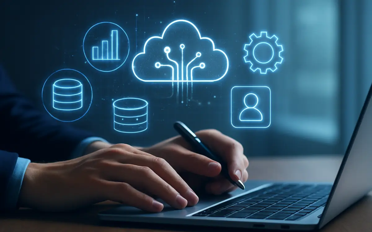 Hands working on a laptop with glowing holographic technology icons including a cloud, database, graph, gear, and user symbol in a modern office environment.