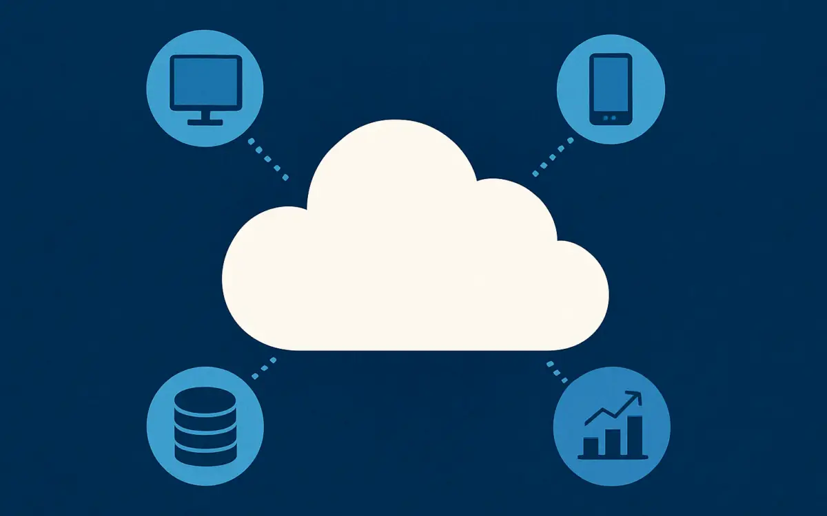 A stylized white cloud icon at the center, connected to surrounding blue icons representing data, analytics, desktop, and mobile, all set against a textured dark blue background.