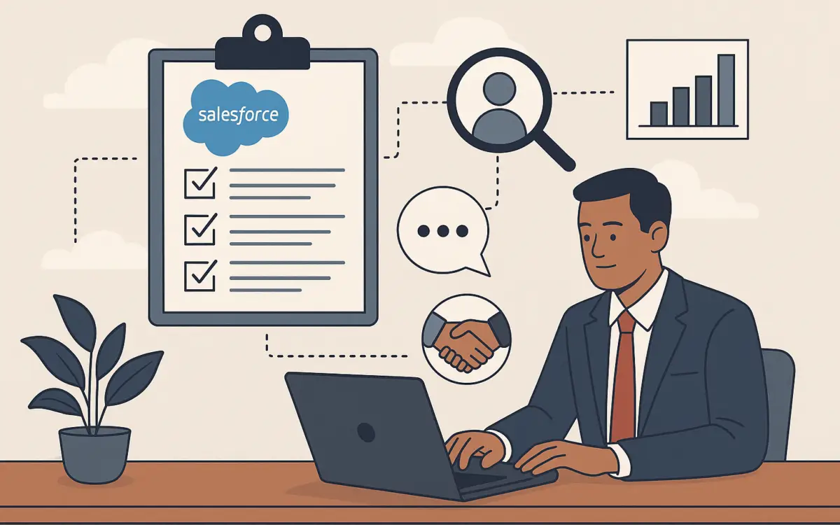 Illustration of a business professional evaluating Salesforce partners using icons like a checklist, magnifying glass, and handshake.