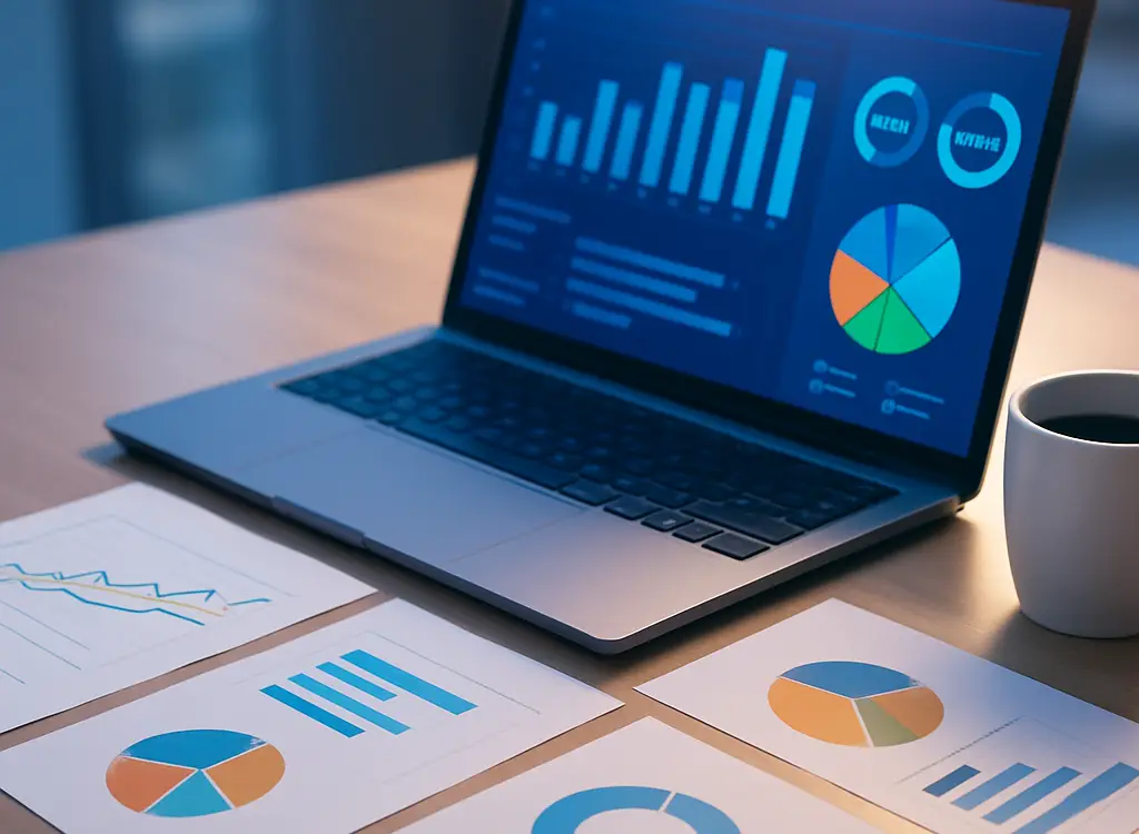 Modern workspace with RevOps tools and charts on laptop, symbolizing revenue operations alignment and growth strategy