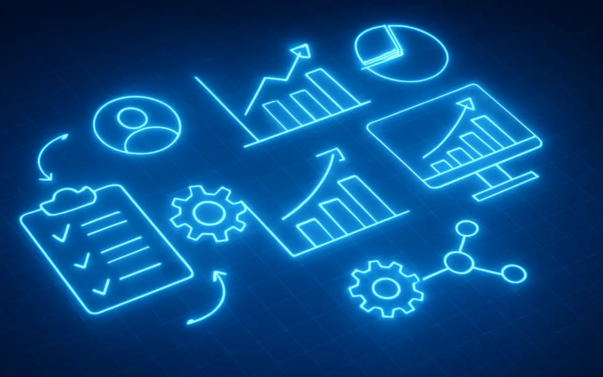 3D-rendered digital blueprint with glowing tech elements representing a structured revenue operations strategy