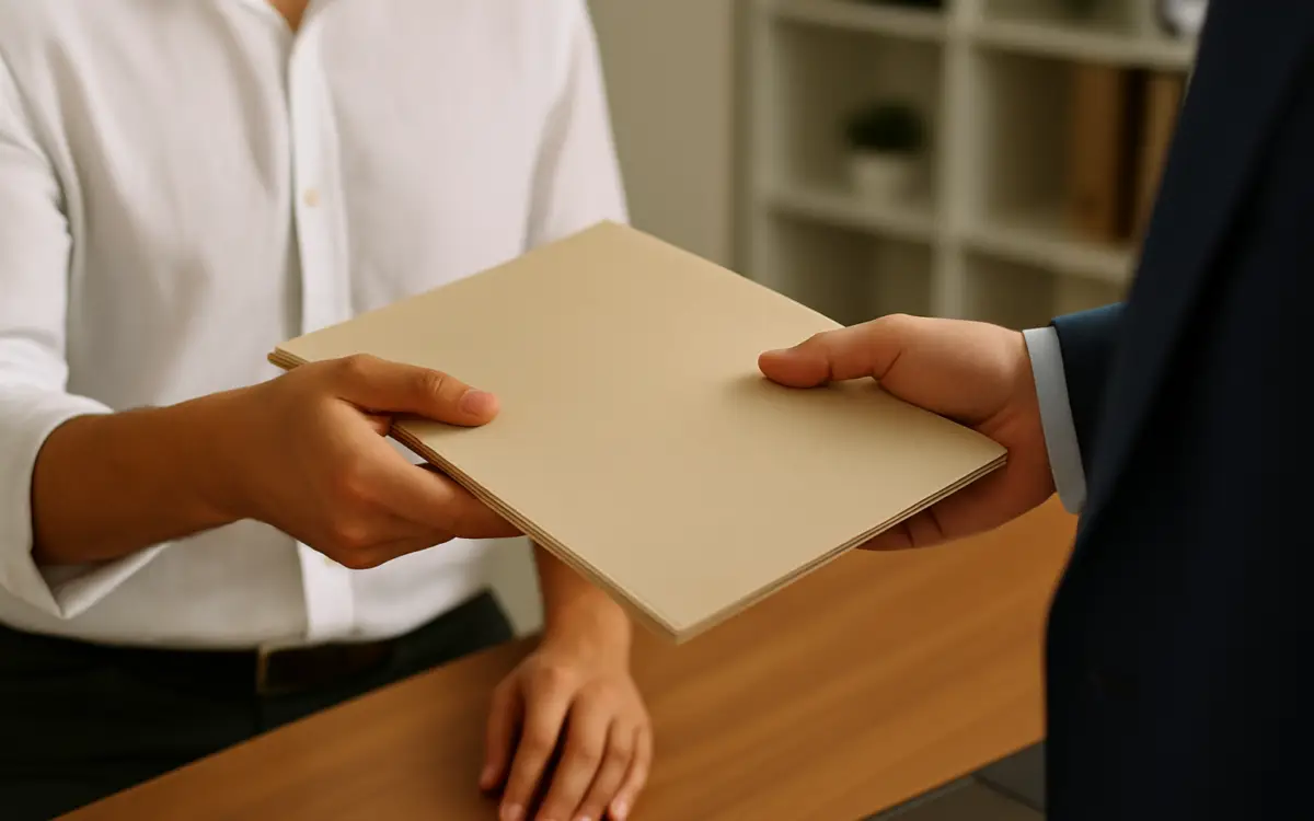 Two individuals exchanging a beige folder across a desk in a professional office setting, symbolizing a business handoff.