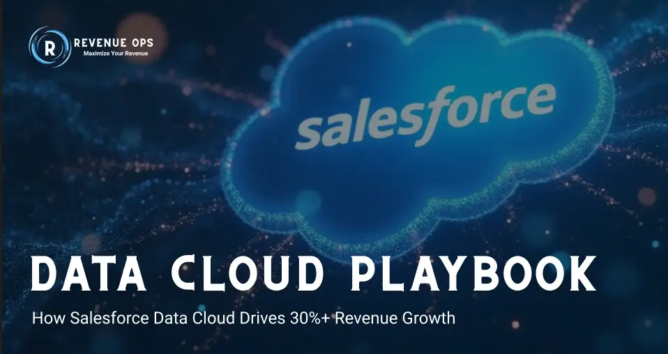 Salesforce-branded cloud graphic with the title 'Data Cloud Playbook' and subtitle 'How Salesforce Data Cloud Drives 30%+ Revenue Growth' on a digital background.