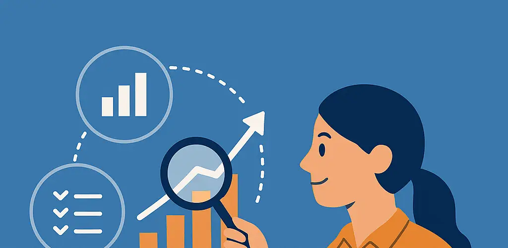 Flat-style illustration of a customer success professional analyzing onboarding metrics on a computer screen with an upward-trending chart and progress icons.