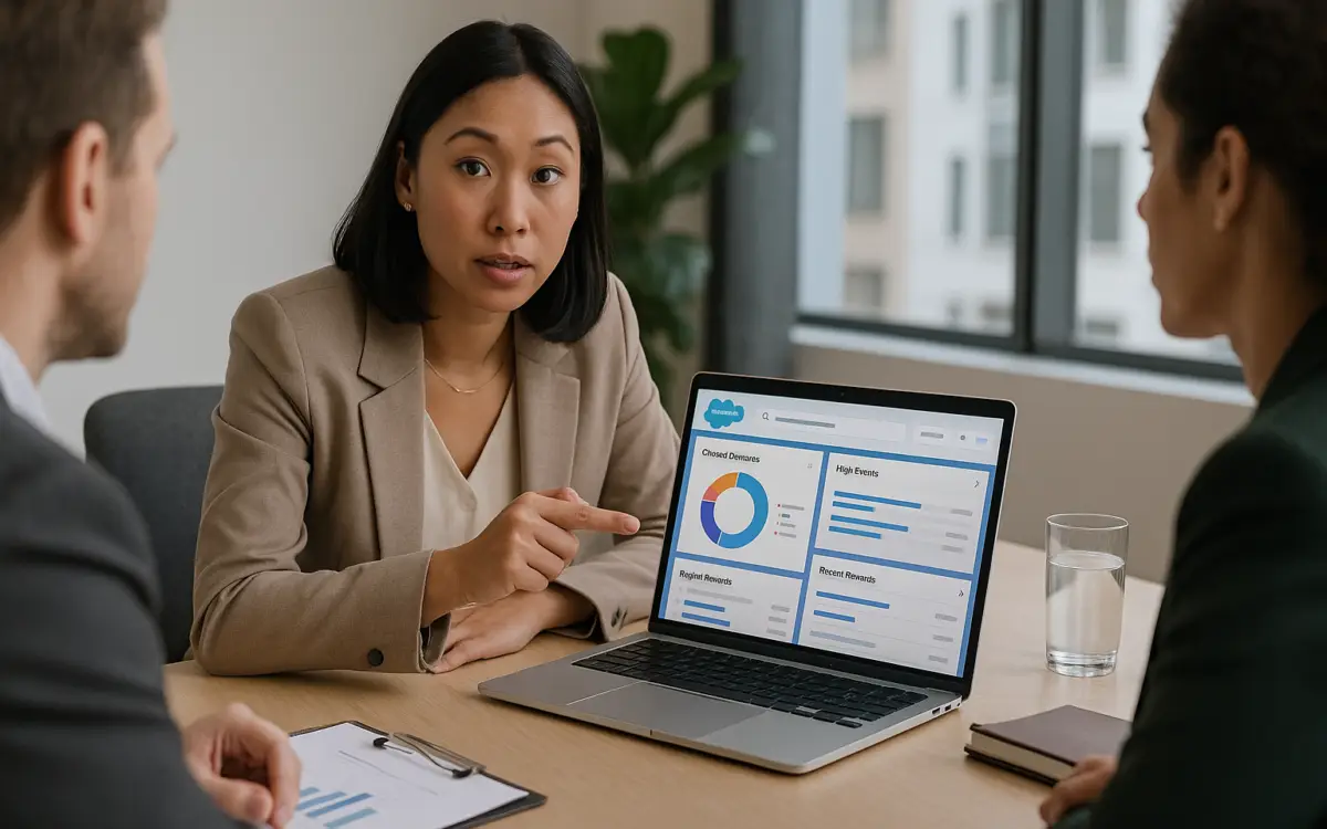 A professional team in a modern office discusses Salesforce strategy, with a woman pointing at a laptop displaying a Salesforce dashboard.