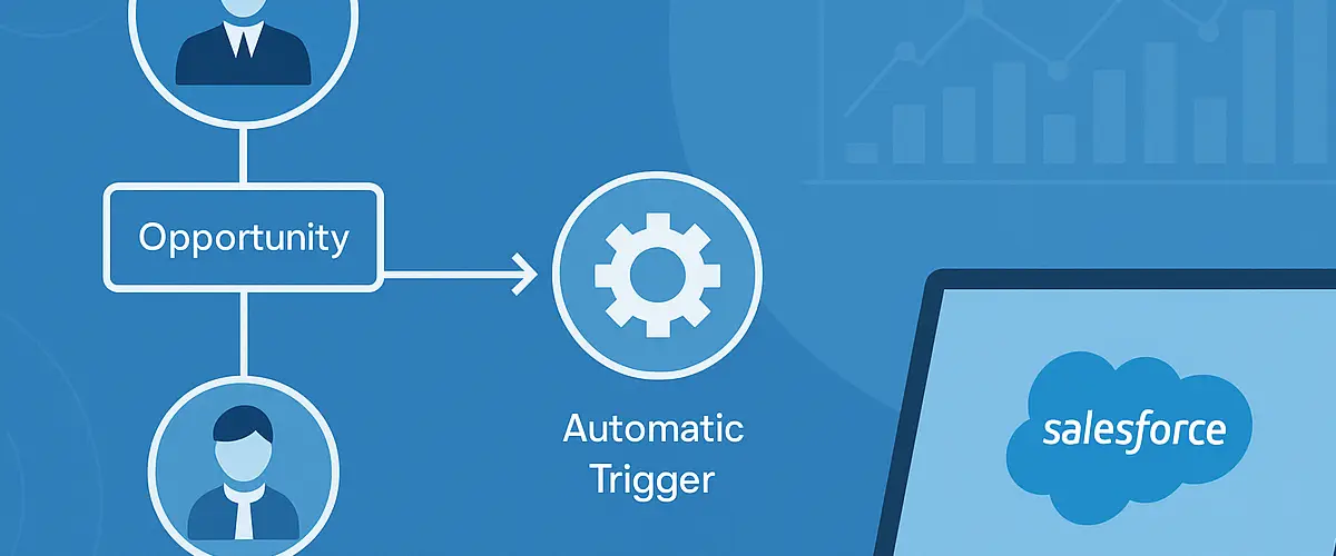 Flowchart illustrating automated sales-to-customer success handoff in Salesforce, featuring opportunity stage, automatic trigger icon, and Salesforce laptop graphic on a blue background.