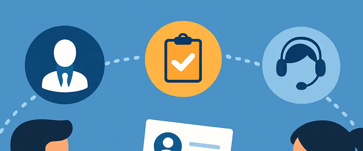 Illustration of a sales professional handing off a customer record to a customer success manager, with connecting icons representing the structured handoff process.