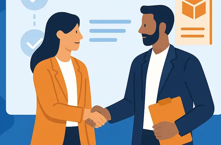 Flat-style illustration of two business professionals shaking hands in front of a presentation board, symbolizing Sales and Customer Success team alignment.