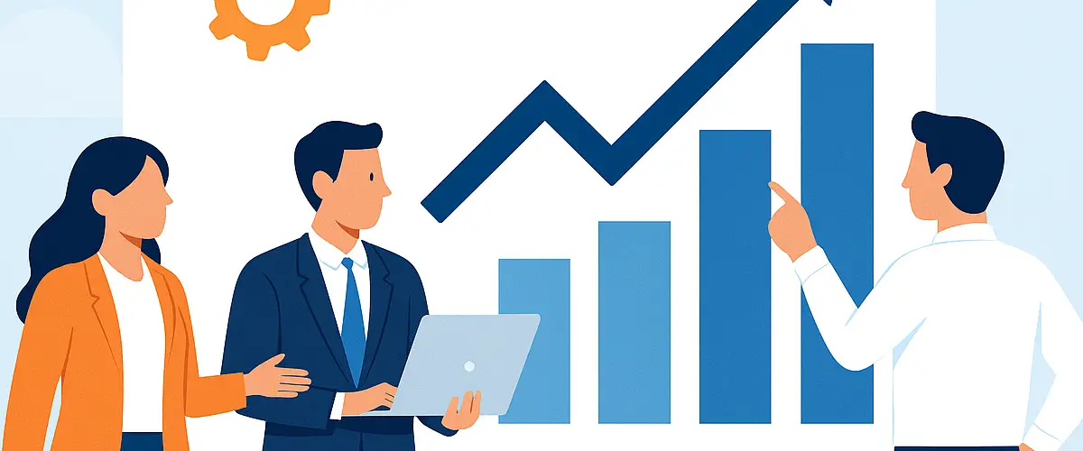 Flat-style illustration of three business professionals collaborating in front of a growth chart, symbolizing the scaling of Sales-to-Customer Success handoff processes.