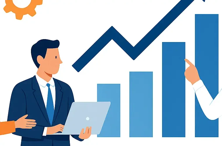 Flat-style illustration of three business professionals collaborating in front of a growth chart, symbolizing the scaling of Sales-to-Customer Success handoff processes.