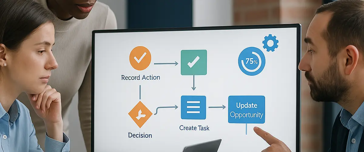 Photorealistic image of three business professionals collaborating in an office setting with a computer screen displaying an automation flowchart.