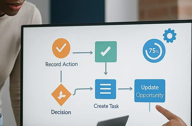 Photorealistic image of three business professionals collaborating in an office setting with a computer screen displaying an automation flowchart.