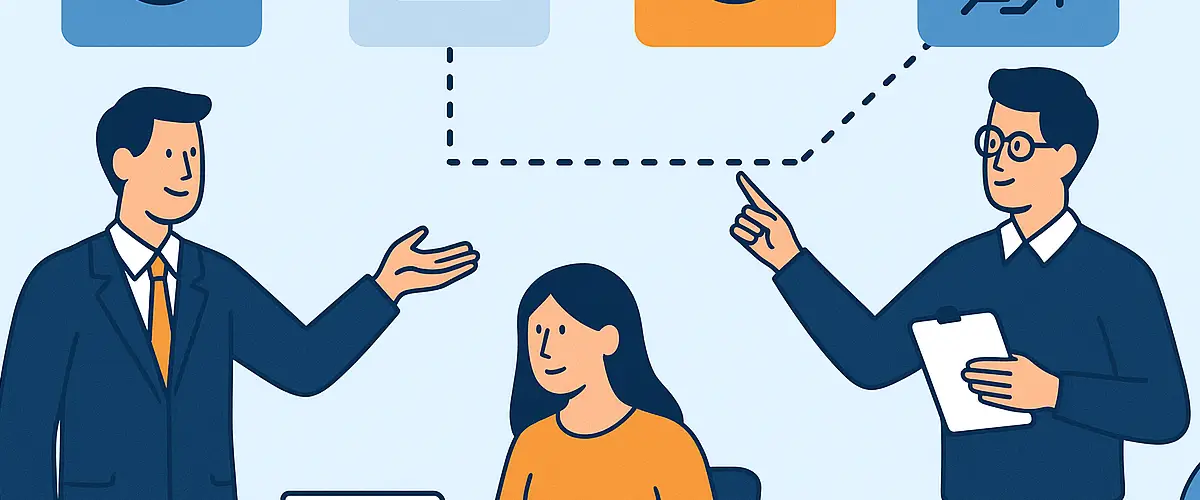 Flat-style illustration of three business professionals collaborating in front of a flowchart representing the Salesforce Sales-to-Customer Success handoff process.