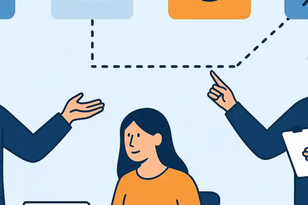 Flat-style illustration of three business professionals collaborating in front of a flowchart representing the Salesforce Sales-to-Customer Success handoff process.