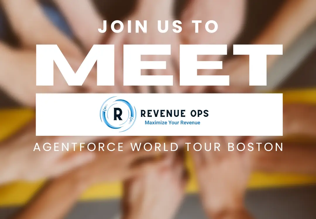 Graphic with diverse hands joined in the background and bold white text reading “Join Us to MEET Revenue Ops” with the logo, promoting Agentforce World Tour Boston.