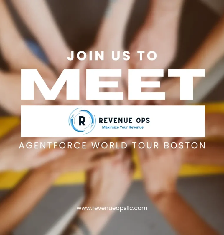 Graphic with diverse hands joined in the background and bold white text reading “Join Us to MEET Revenue Ops” with the logo, promoting Agentforce World Tour Boston.