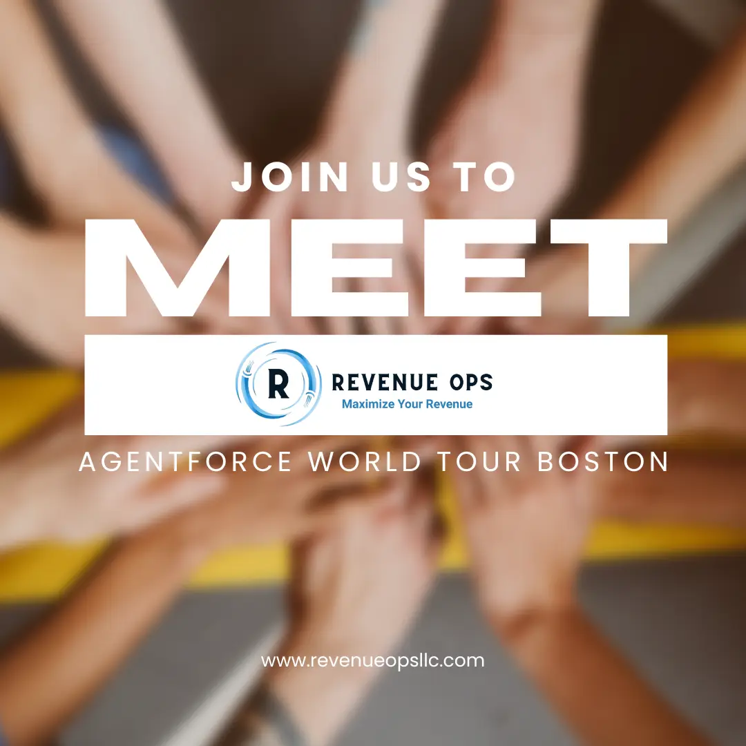Graphic with diverse hands joined in the background and bold white text reading “Join Us to MEET Revenue Ops” with the logo, promoting Agentforce World Tour Boston.