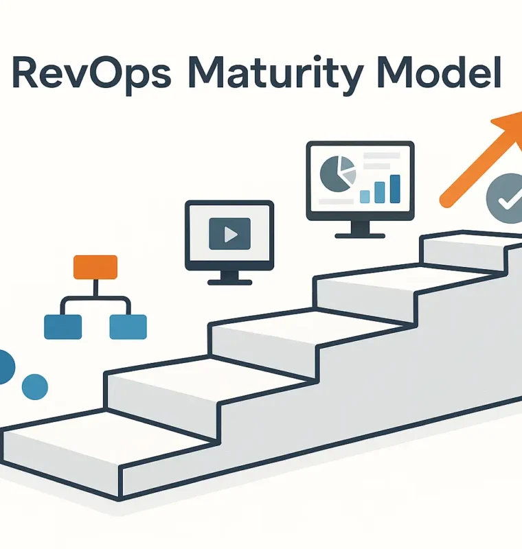 Illustration of a five-step staircase symbolizing RevOps maturity, with icons representing data, flowcharts, video, dashboards, and growth.