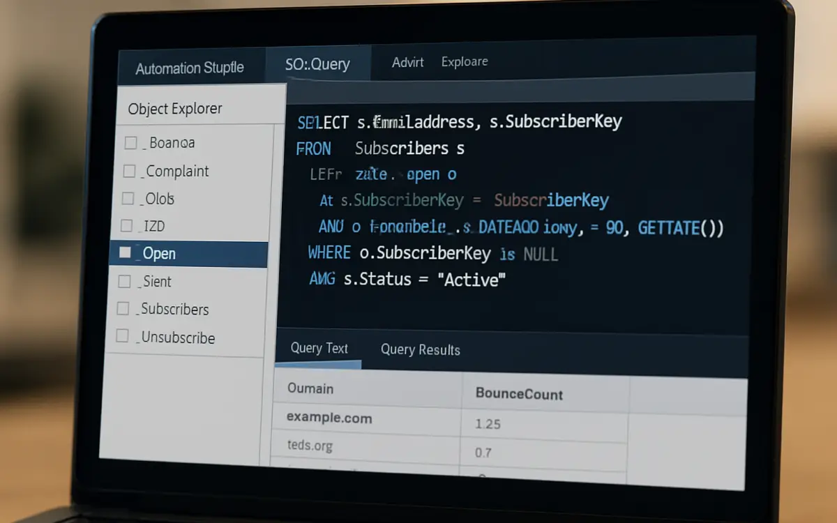 Computer screen displaying a SQL query and bounce rate report in a marketing automation platform interface.