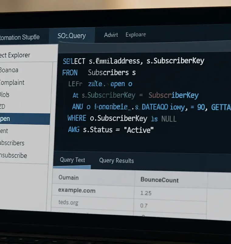 Computer screen displaying a SQL query and bounce rate report in a marketing automation platform interface.