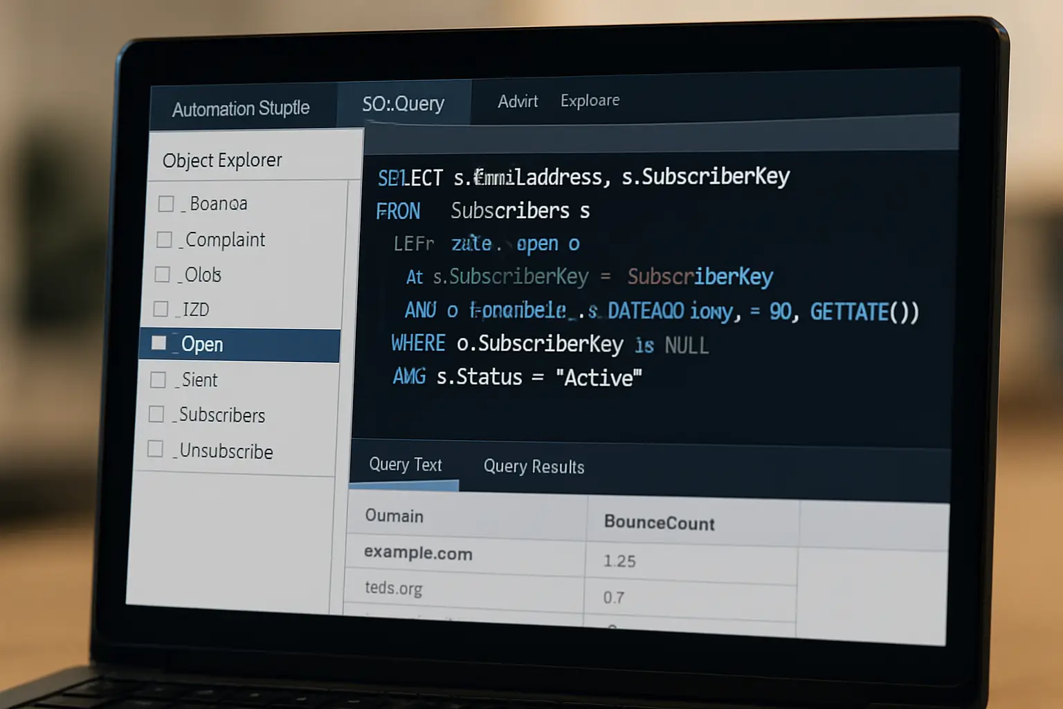 Computer screen displaying a SQL query and bounce rate report in a marketing automation platform interface.