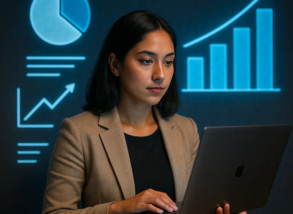 A professional woman in a beige blazer working on a laptop, with glowing blue data visualizations—bar graph, pie chart, and line chart—projected on a dark background behind her.