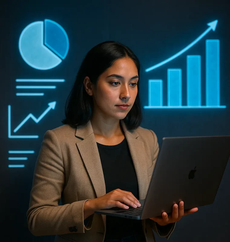 A professional woman in a beige blazer working on a laptop, with glowing blue data visualizations—bar graph, pie chart, and line chart—projected on a dark background behind her.
