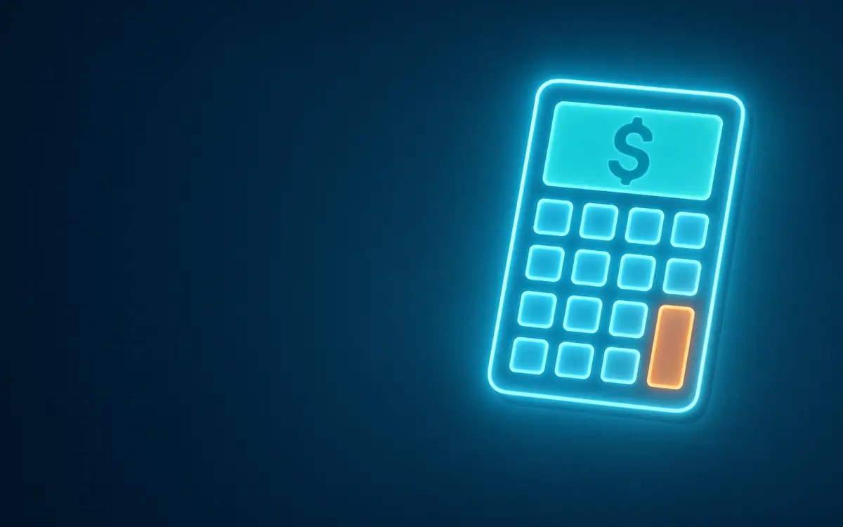 Glowing blue calculator icon with a dollar sign display and orange button, set against a modern, tech-inspired dark background.