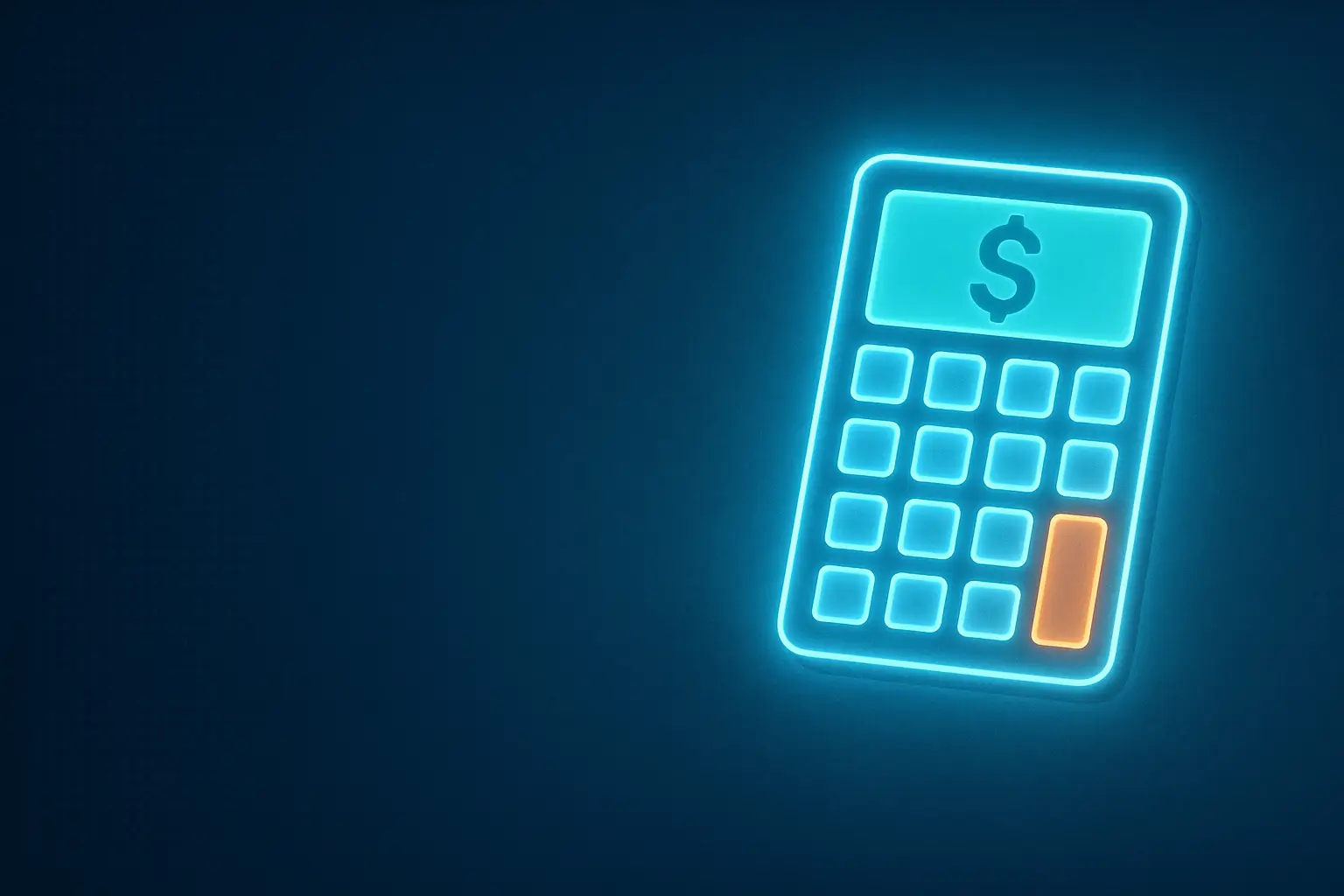 Glowing blue calculator icon with a dollar sign display and orange button, set against a modern, tech-inspired dark background.