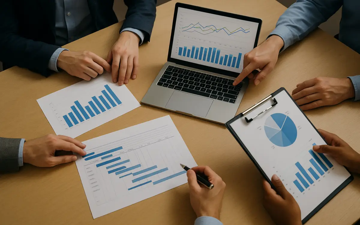 Top-down view of four professionals reviewing charts, graphs, and project plans on a table with a laptop and clipboard.