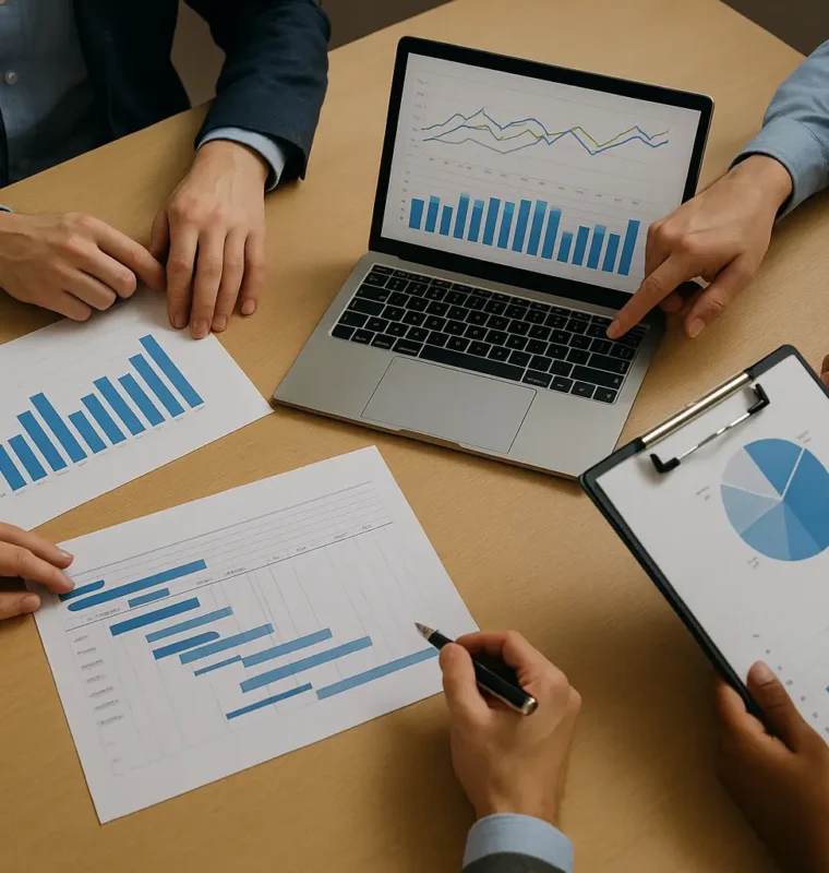Top-down view of four professionals reviewing charts, graphs, and project plans on a table with a laptop and clipboard.