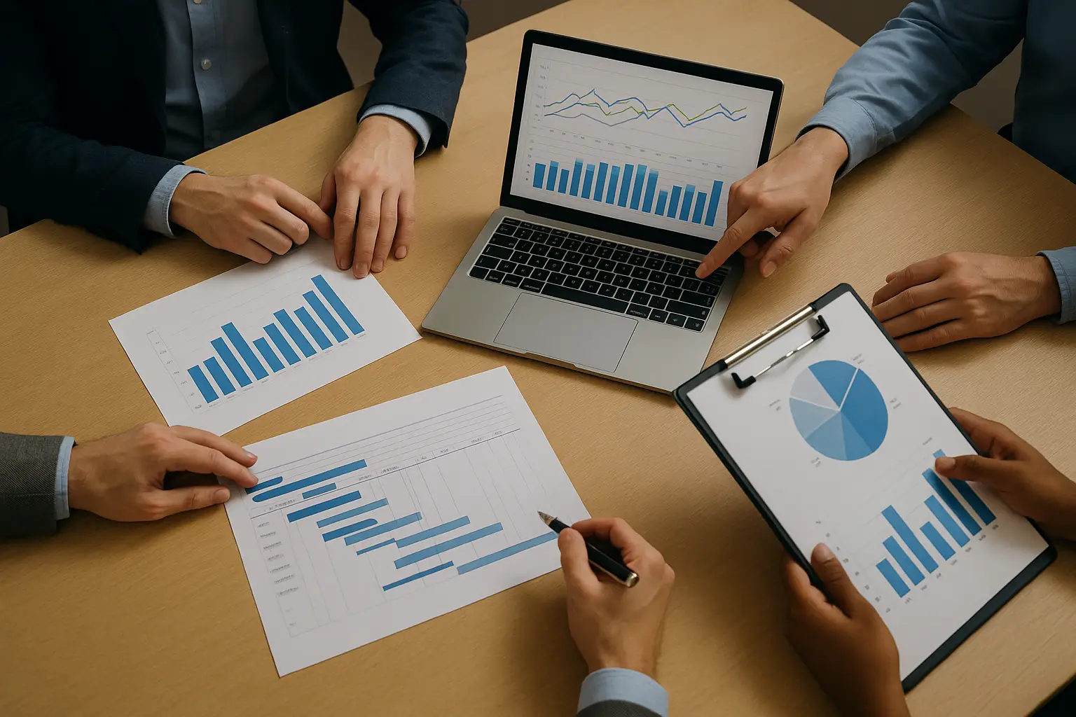 Top-down view of four professionals reviewing charts, graphs, and project plans on a table with a laptop and clipboard.