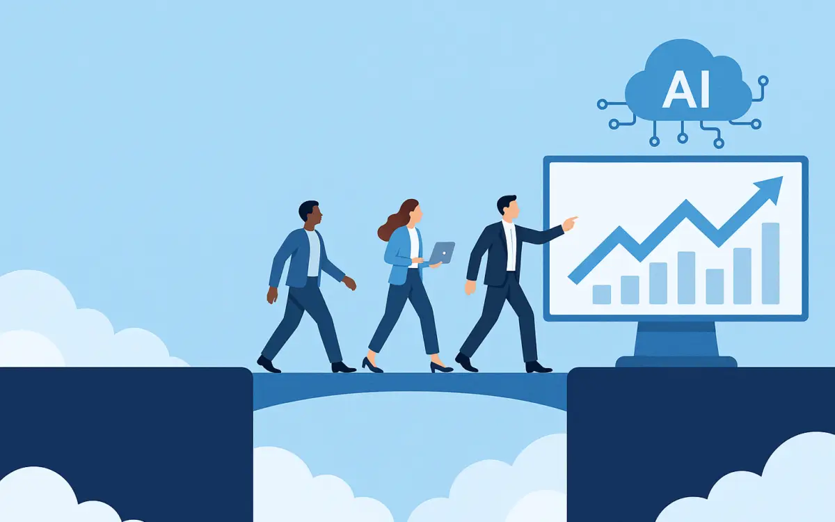 Three business professionals walk across a blue bridge in the sky from one platform to another, approaching a screen displaying a rising graph and an AI cloud icon, symbolizing digital transformation and Marketing Cloud migration.