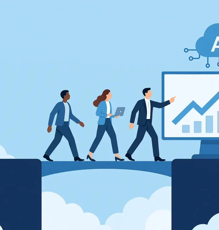 Three business professionals walk across a blue bridge in the sky from one platform to another, approaching a screen displaying a rising graph and an AI cloud icon, symbolizing digital transformation and Marketing Cloud migration.
