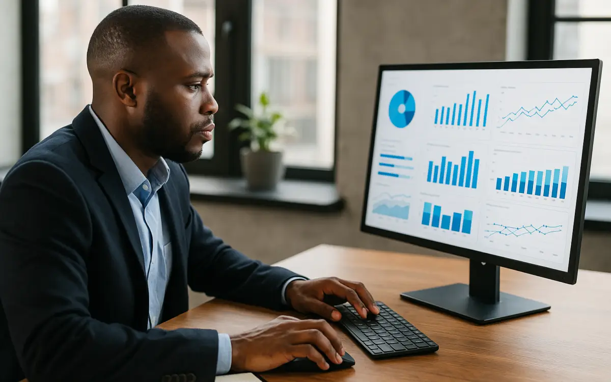 A professional man in a navy blazer works at a desk, focused on a large computer monitor displaying charts and graphs, in a modern office with large windows and city views.