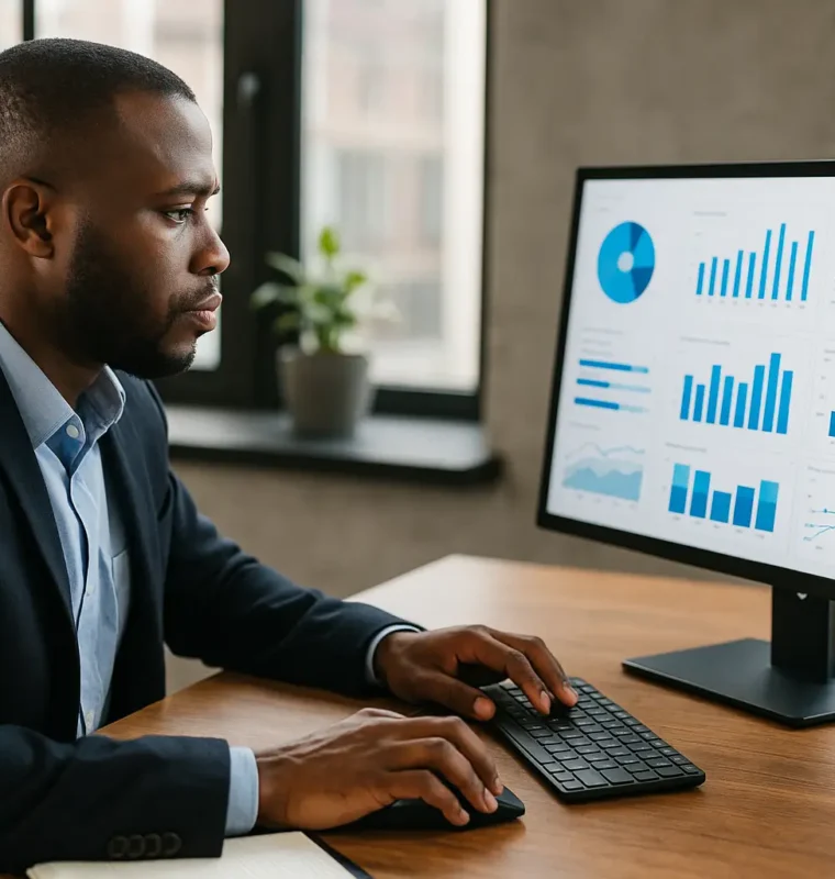 A professional man in a navy blazer works at a desk, focused on a large computer monitor displaying charts and graphs, in a modern office with large windows and city views.
