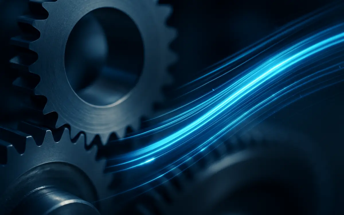 Metallic gears and smooth data lines intertwined in a modern abstract design, symbolizing automation and streamlined processes.