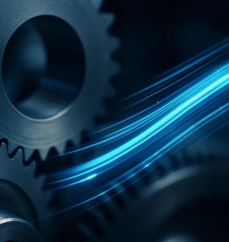 Metallic gears and smooth data lines intertwined in a modern abstract design, symbolizing automation and streamlined processes.