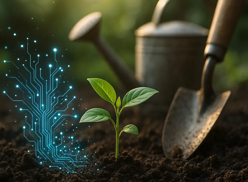 Young green seedling growing in rich soil with glowing digital circuitry overlay, next to a trowel and watering can, symbolizing the blend of AI and human cultivation.