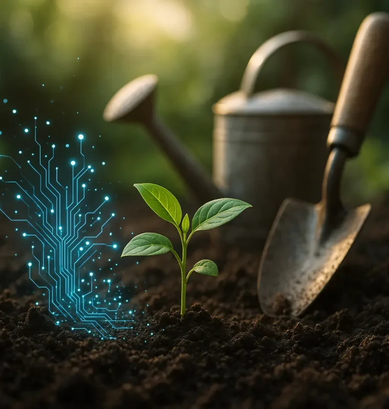 Young green seedling growing in rich soil with glowing digital circuitry overlay, next to a trowel and watering can, symbolizing the blend of AI and human cultivation.