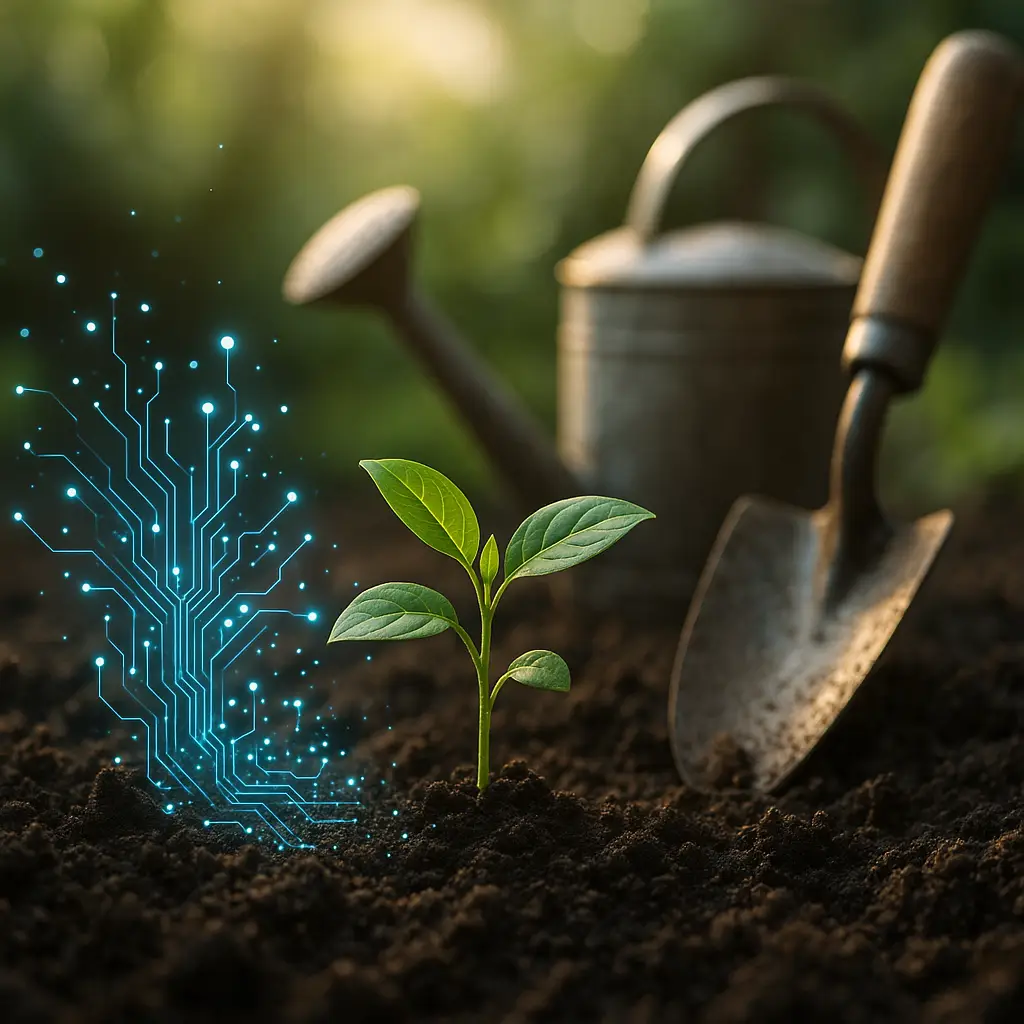 Young green seedling growing in rich soil with glowing digital circuitry overlay, next to a trowel and watering can, symbolizing the blend of AI and human cultivation.