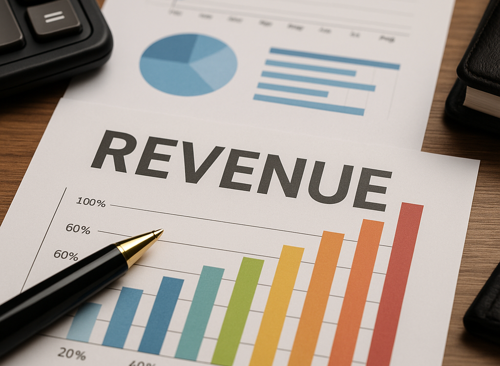 Colorful bar chart labeled “REVENUE” on a printed financial report, with a gold-tip pen, calculator, and additional charts showing business growth trends on a wooden desk.