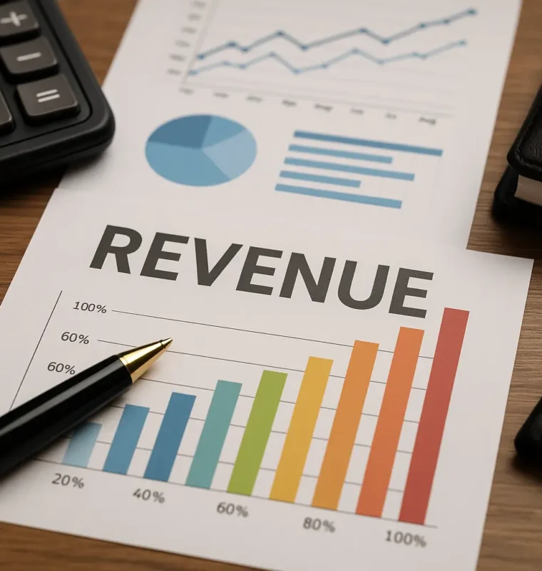 Colorful bar chart labeled “REVENUE” on a printed financial report, with a gold-tip pen, calculator, and additional charts showing business growth trends on a wooden desk.