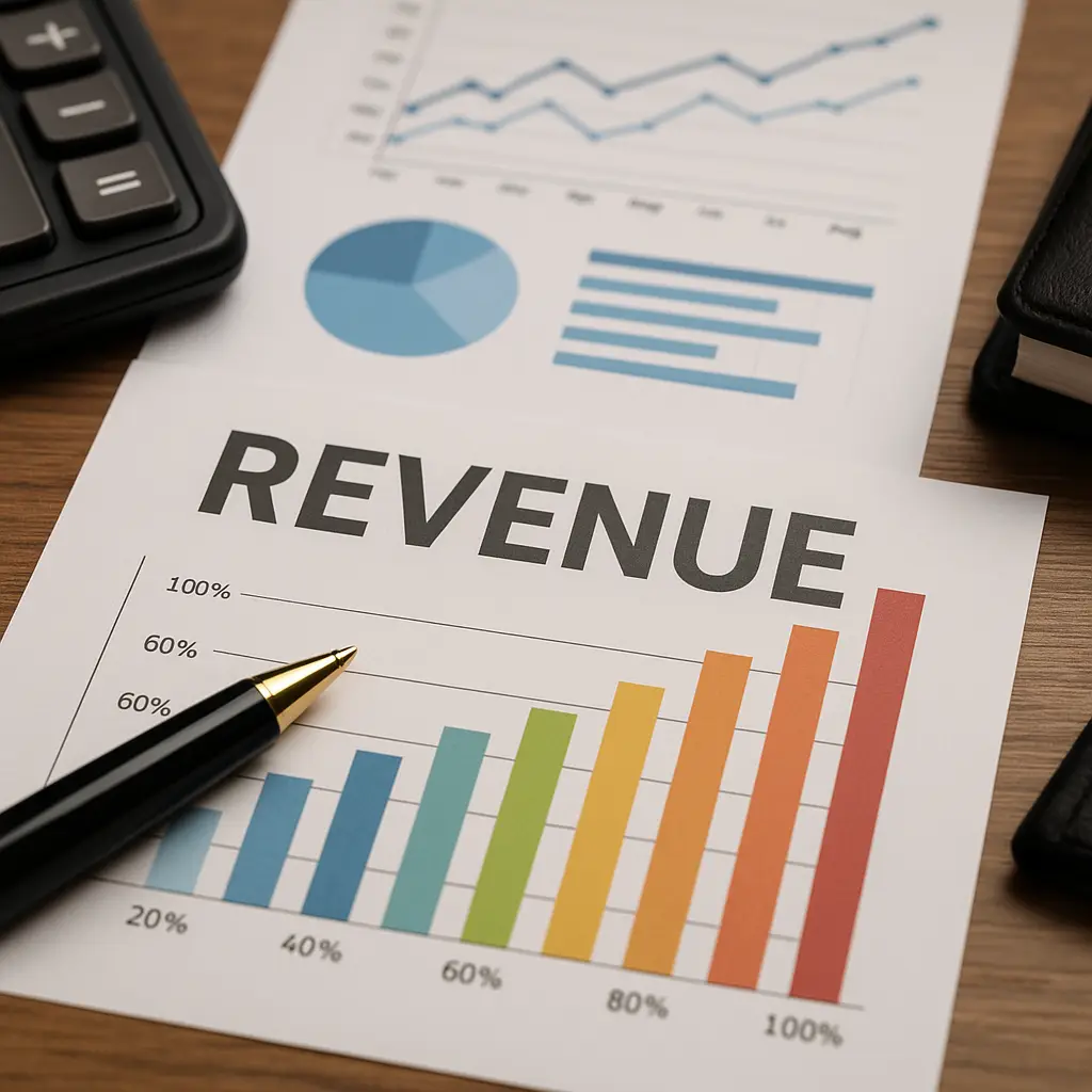 Colorful bar chart labeled “REVENUE” on a printed financial report, with a gold-tip pen, calculator, and additional charts showing business growth trends on a wooden desk.