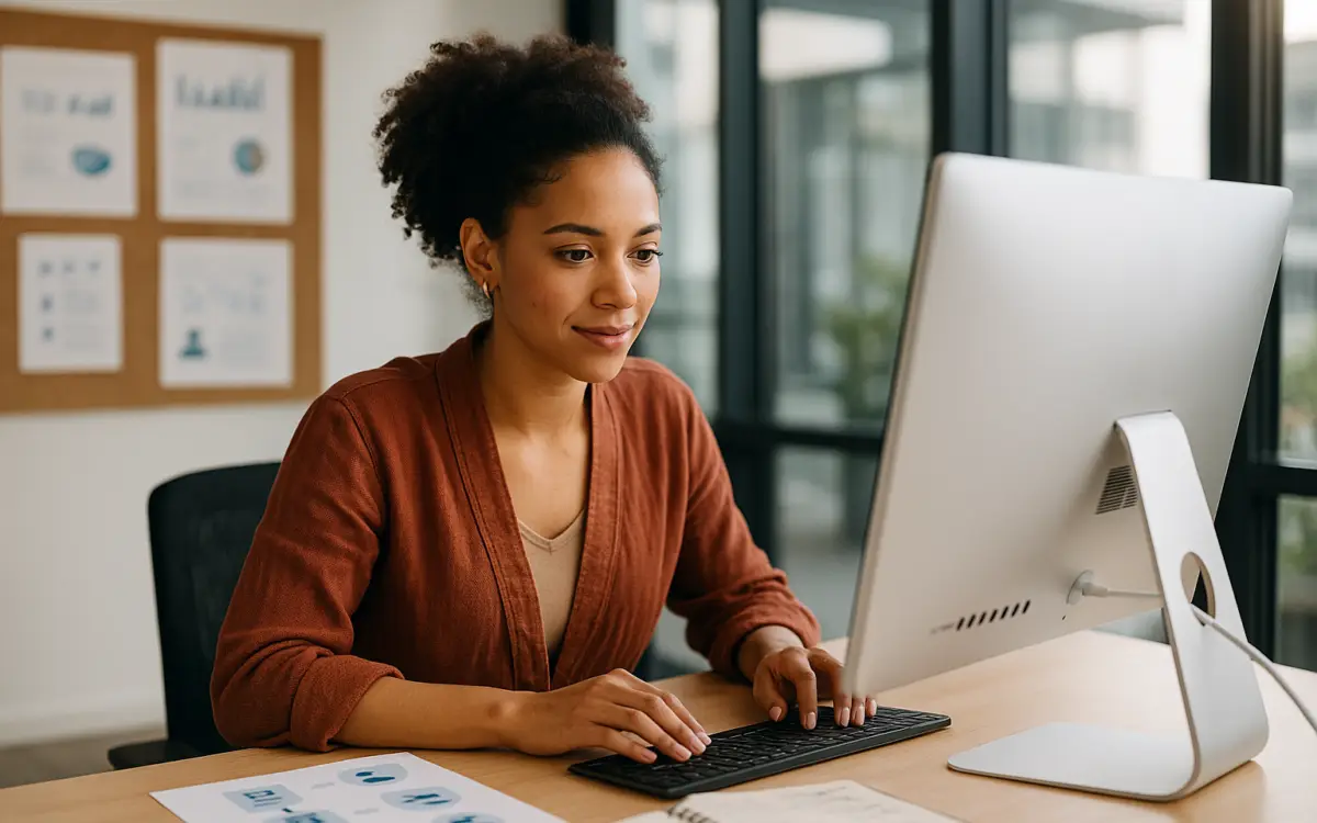 A young African-American woman with curly hair focuses intently on her desktop computer in a modern, sunlit office, typing at her keyboard with a notebook and printed business charts on the desk.