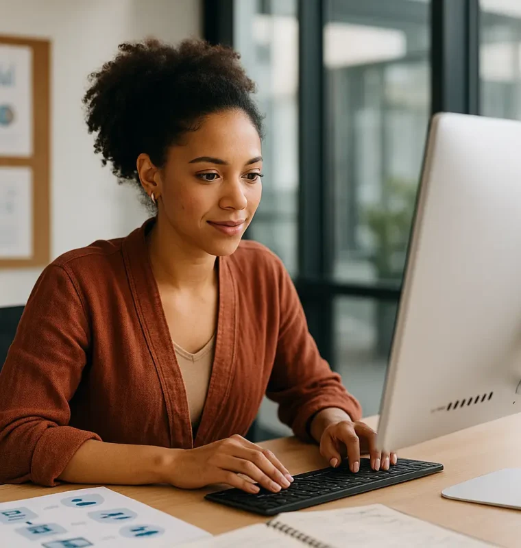 A young African-American woman with curly hair focuses intently on her desktop computer in a modern, sunlit office, typing at her keyboard with a notebook and printed business charts on the desk.